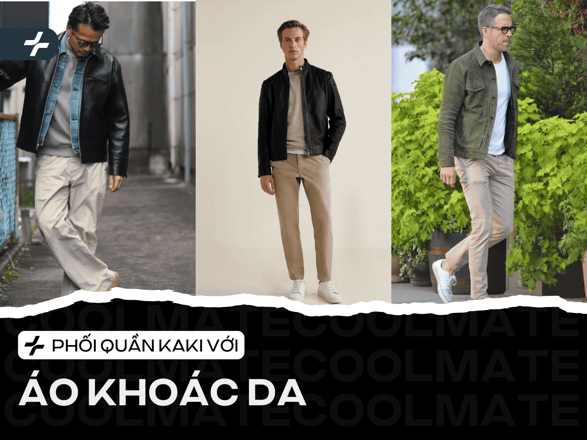 Quần kaki nam mix với áo khoác da tạo nên một bộ trang phục mới lạ, đầy thu hút