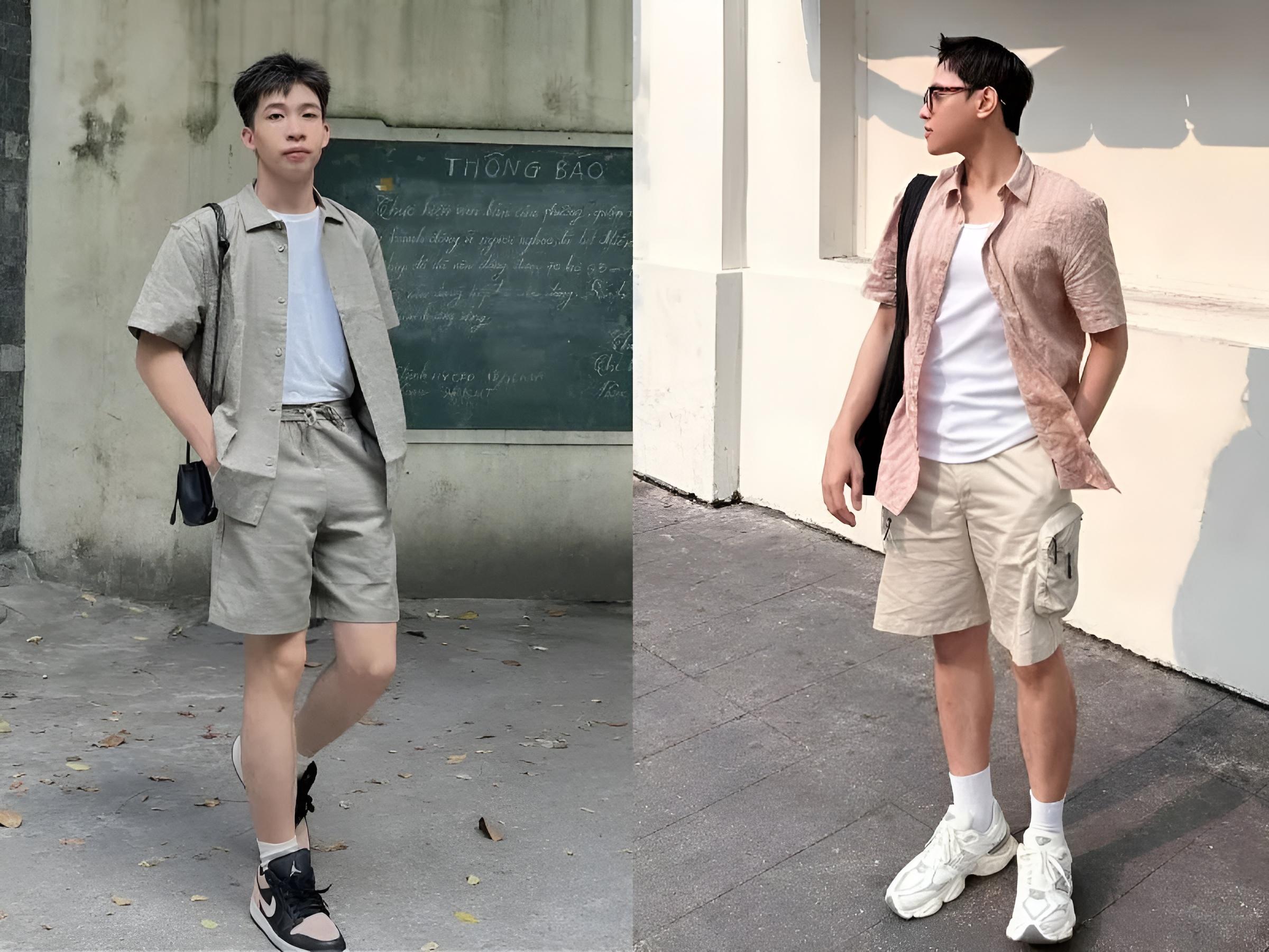 Áo thun với sơ mi khoác ngoài cùng quần short kaki – Combo đơn giản nhưng hiệu quả