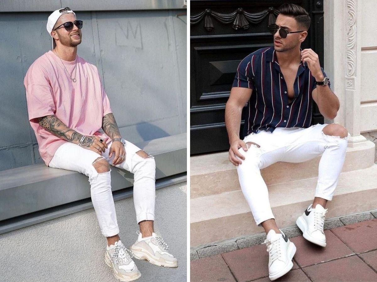 Quần jean trắng rách gối mang đậm phong cách streetwear, mạnh mẽ, cá tính