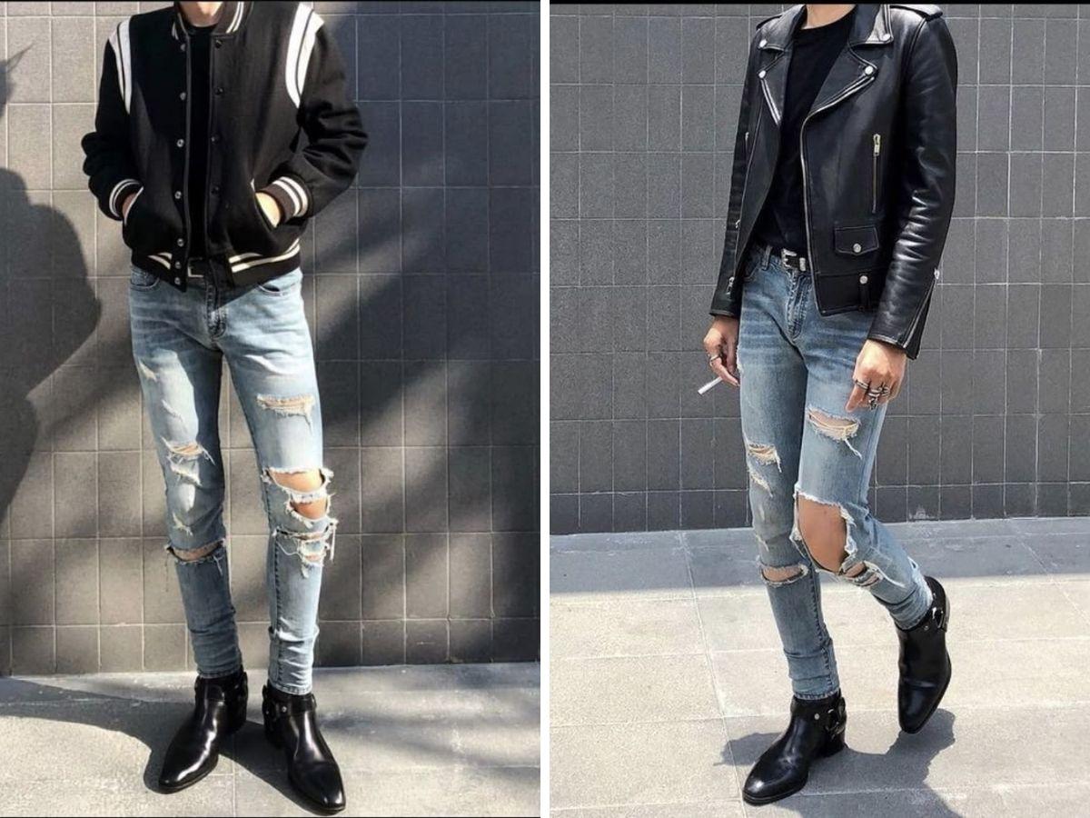 Skinny jeans rách gối tạo điểm nhấn cho chàng thích phong cách cá tính, bụi bặm 