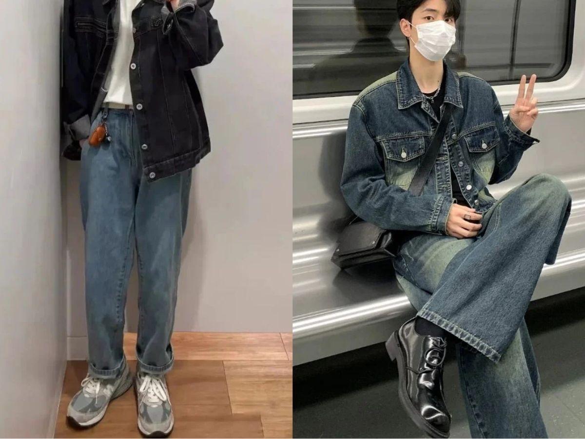 Quần ống đứng kết hợp với áo Denim Jacket