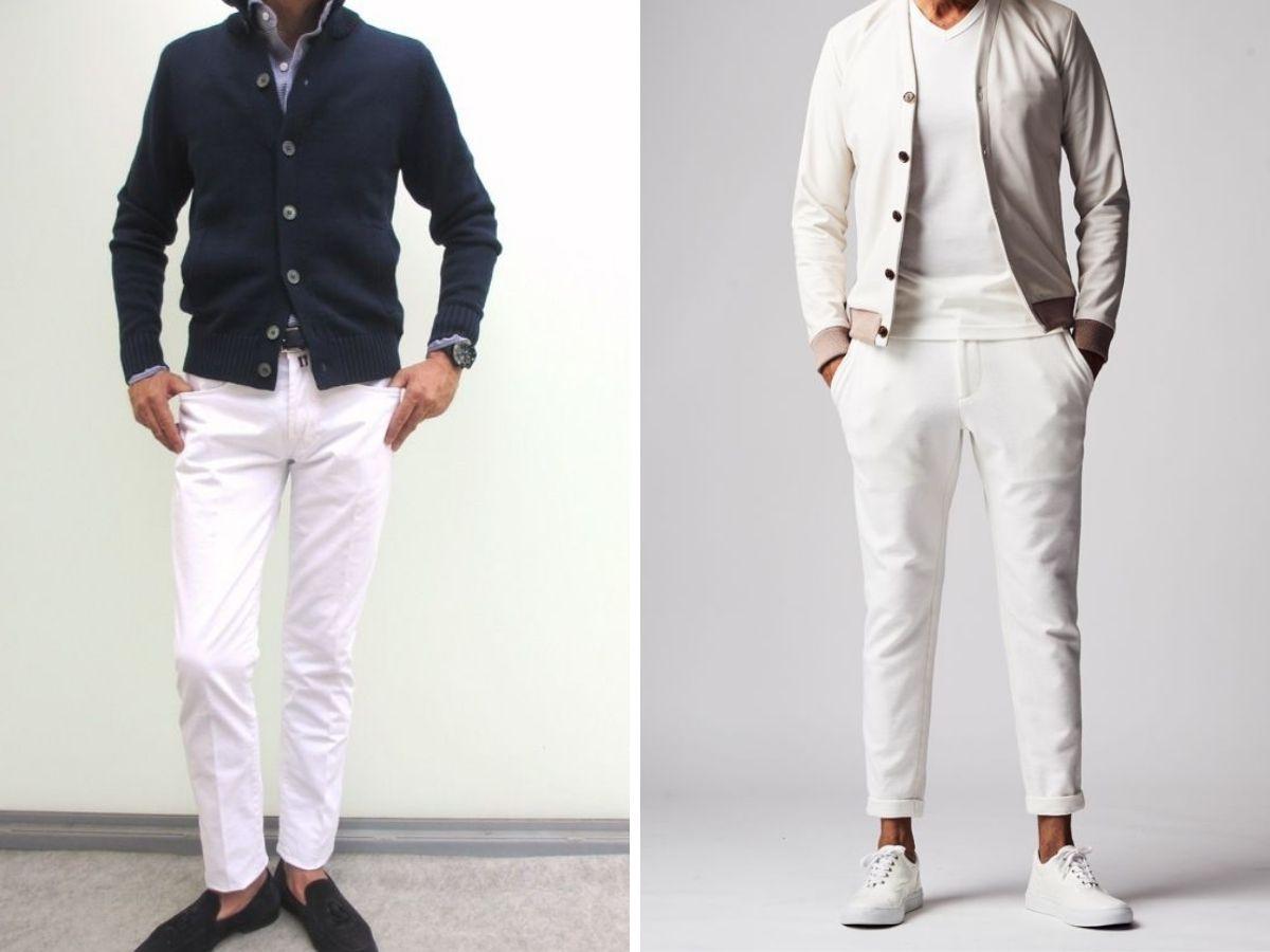 Sự kết hợp giữa quần jean trắng, áo thun basic và cardigan mỏng mang đến vẻ ngoài thư sinh, lịch lãm