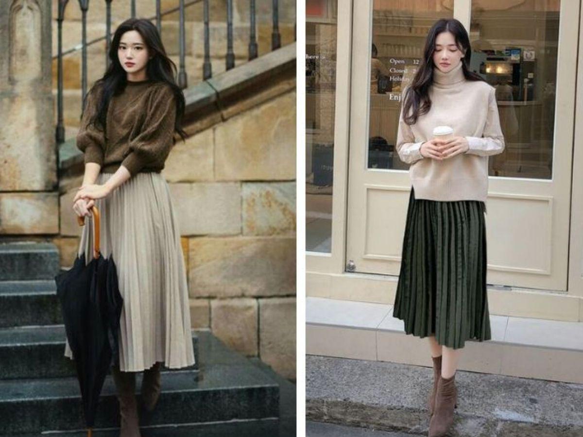 Áo len mix chân váy tạo nên vẻ đẹp thanh lịch, sang chảnh