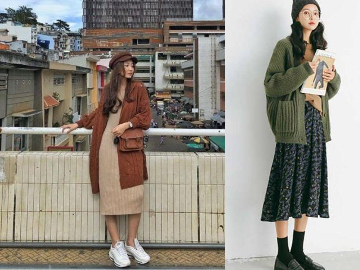 Váy len và khoác cardigan nhẹ nhàng, nữ tính cho nàng mềm mại
