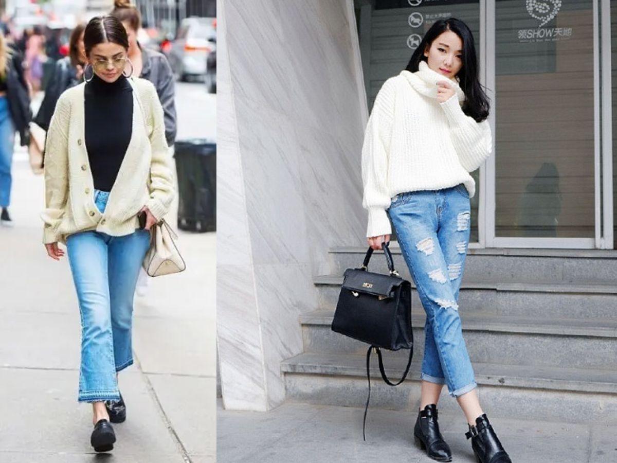 Áo len mix quần jeans và áo khoác nỉ gọn gàng để đi dạo chợ đêm