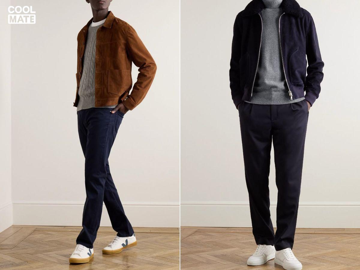 Áo len vặn thừng + áo khoác da + quần jeans đen + boots cao cổ