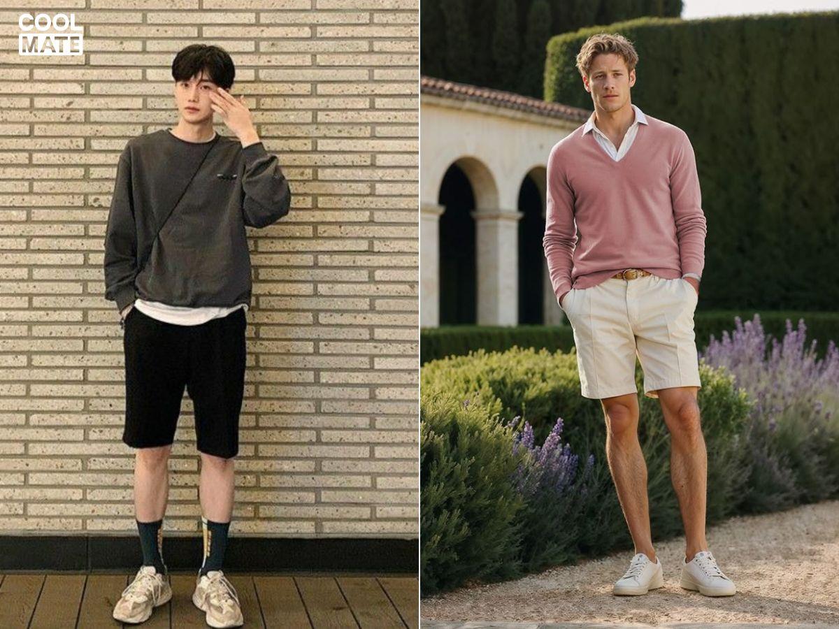 Áo len basic + quần short + sneaker năng động