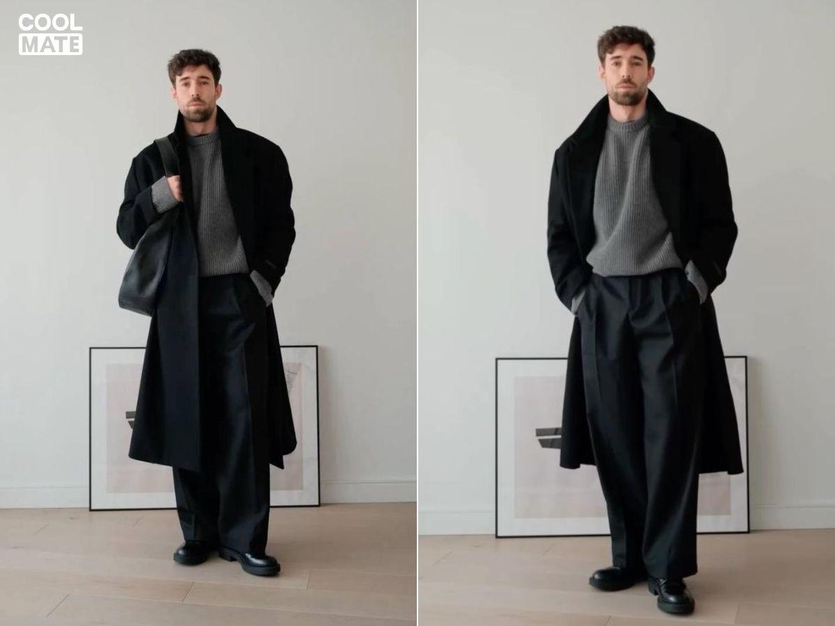 Áo len cổ lọ + áo dạ dáng dài + quần âu + giày Chelsea boots