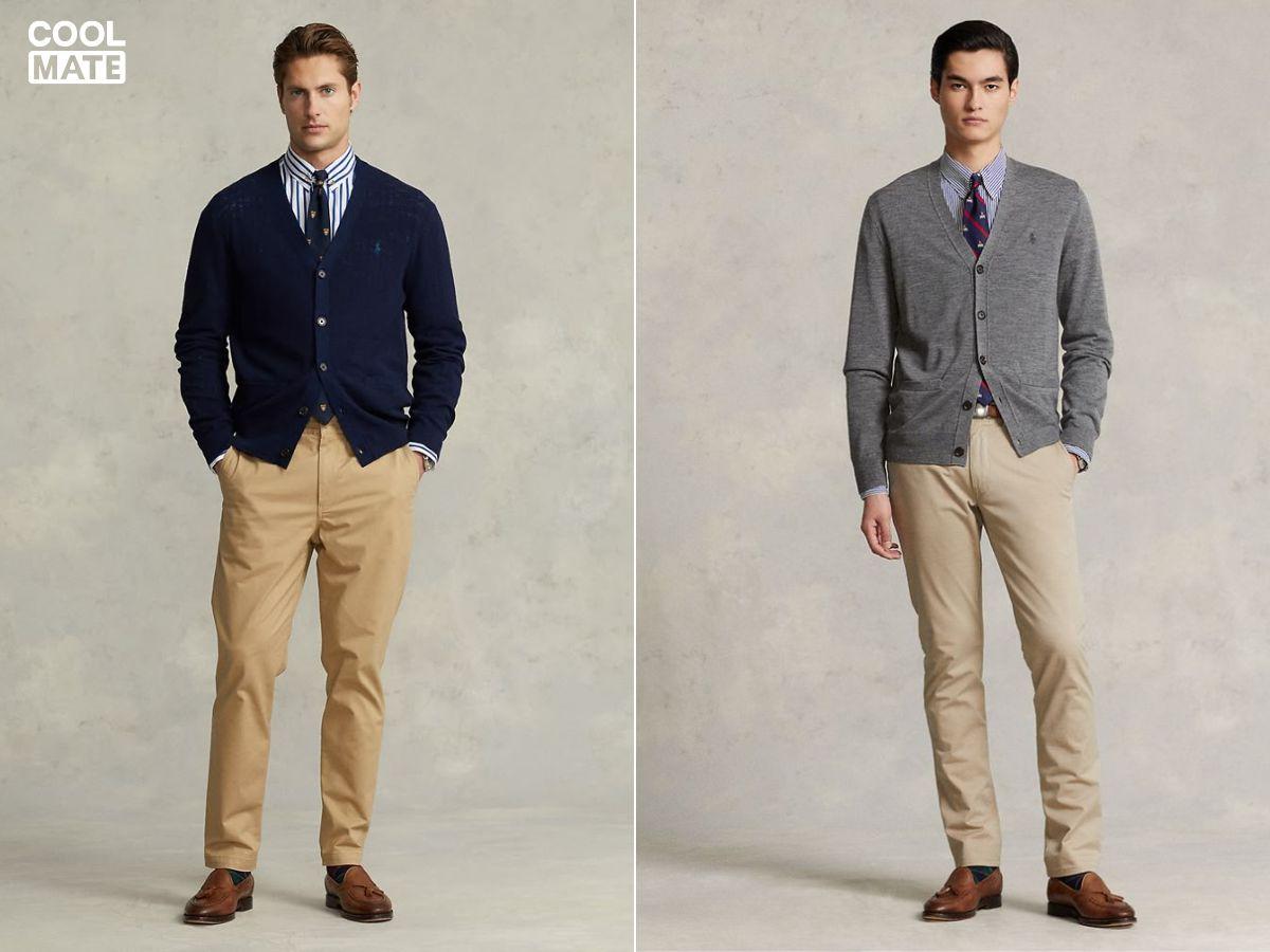 Áo len cardigan + áo sơ mi + quần kaki + giày lười