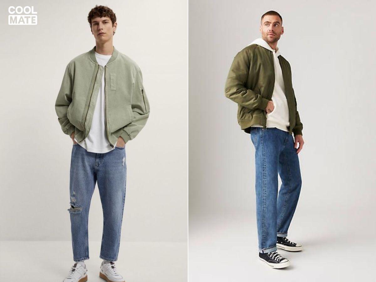 Áo len cổ tròn + áo bomber + quần jeans rách + giày thể thao