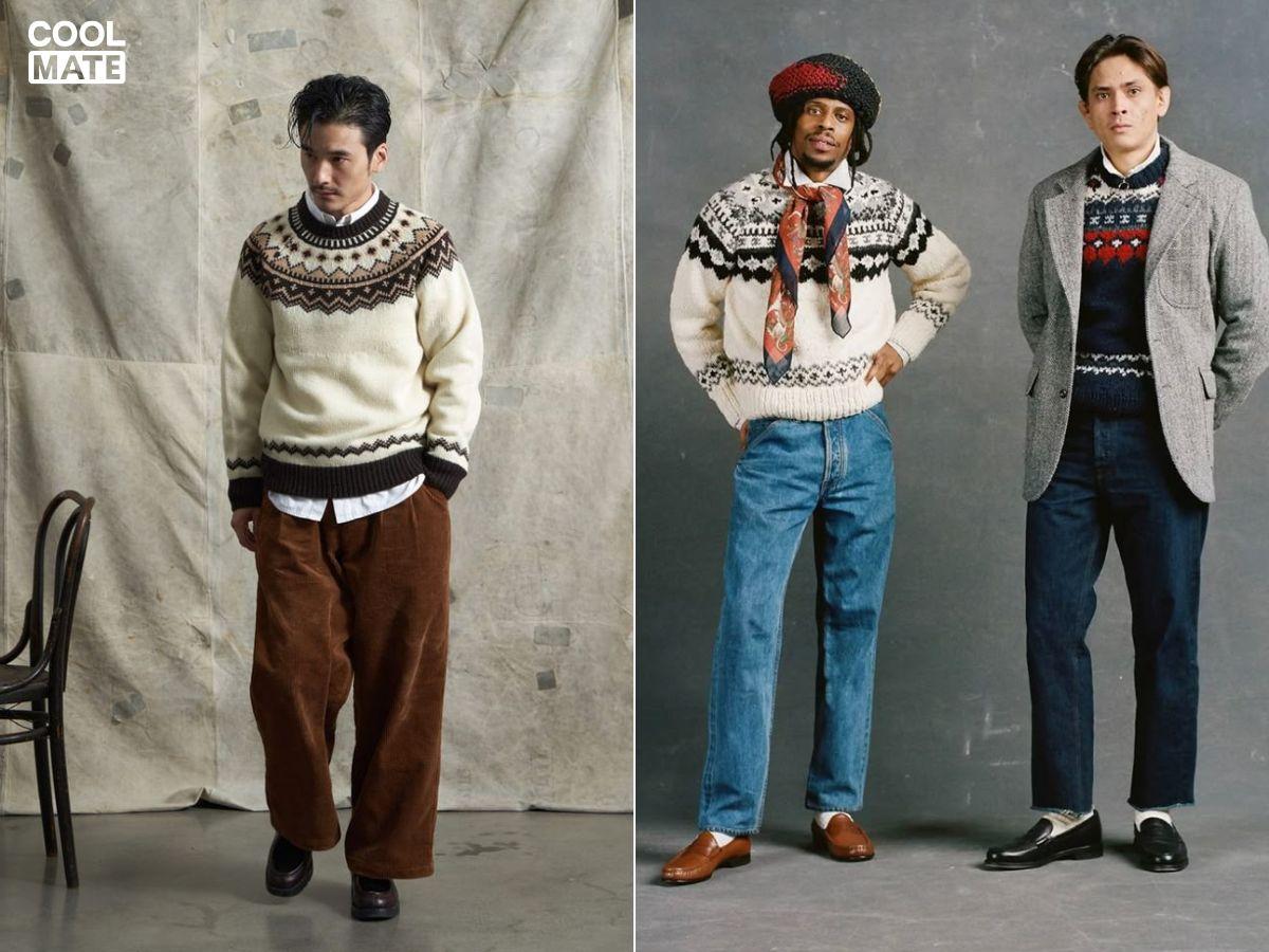Áo len họa tiết + quần chinos + giày loafer