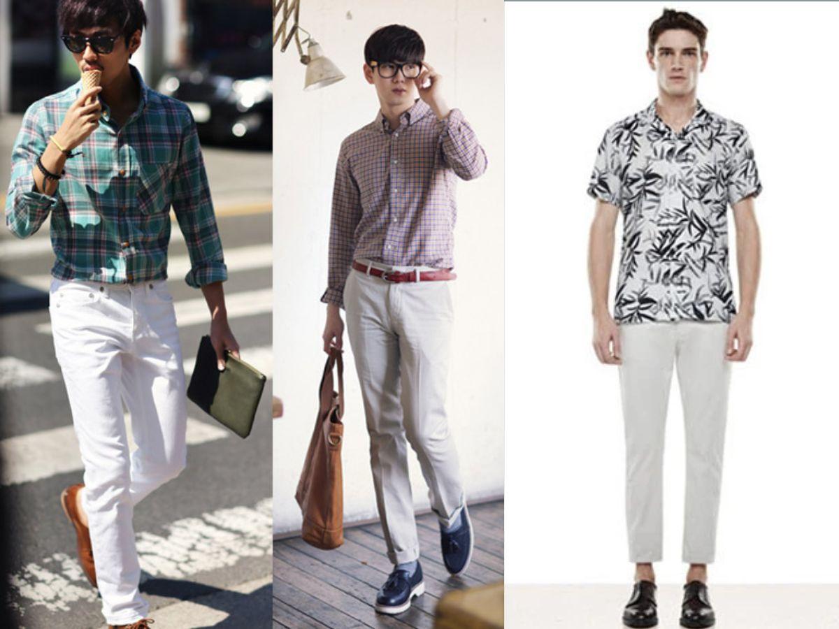 Áo sơ mi họa tiết phối cùng quần kaki trắng, tạo điểm nhấn nổi bật