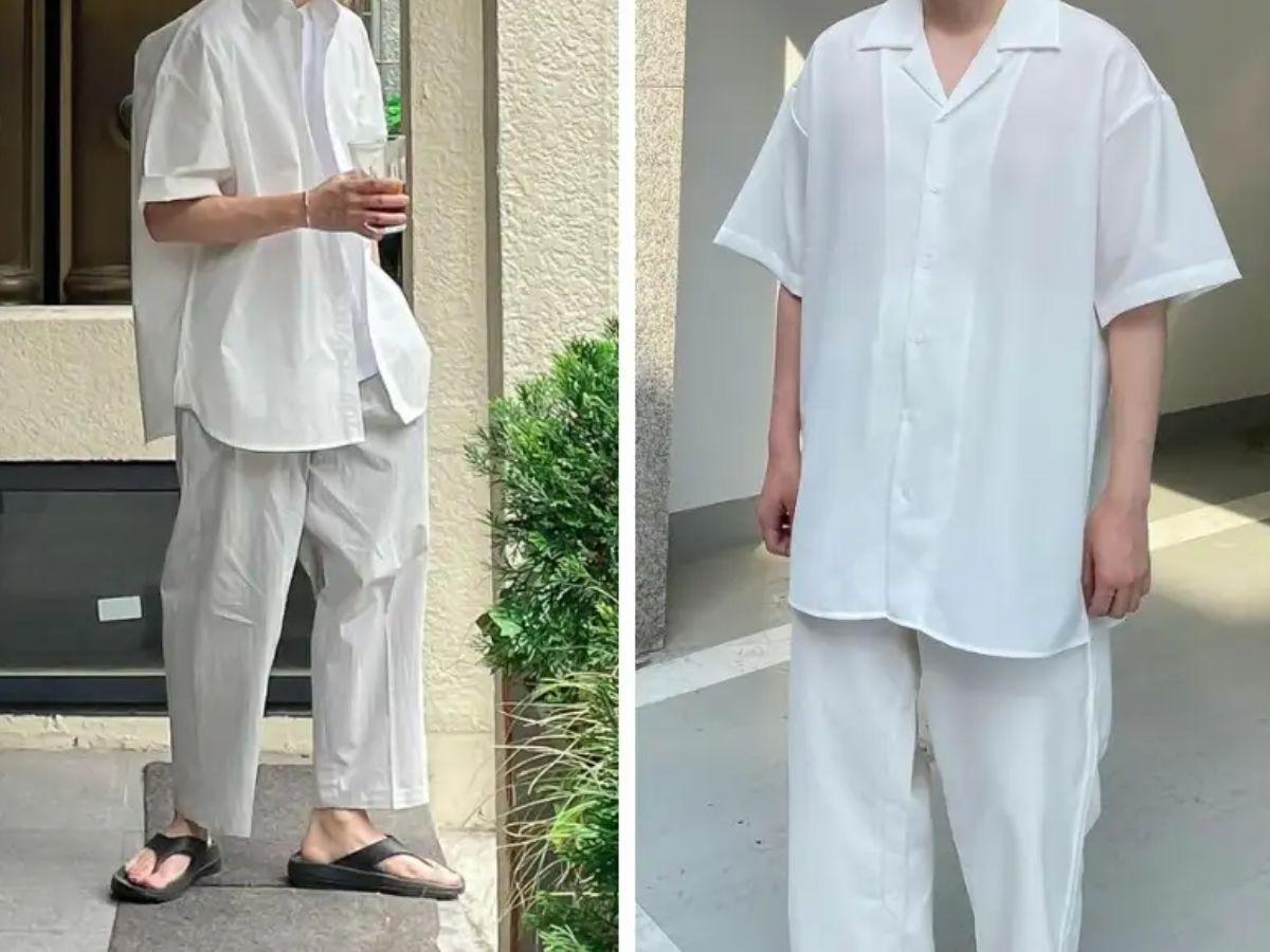 Outfit tone sur tone trắng, quần kaki trắng và áo cùng màu, tạo vẻ ngoài thanh lịch