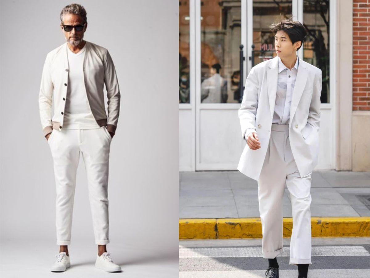 Áo jacket trắng phối cùng quần kaki trắng, phong cách white-on-white cá tính