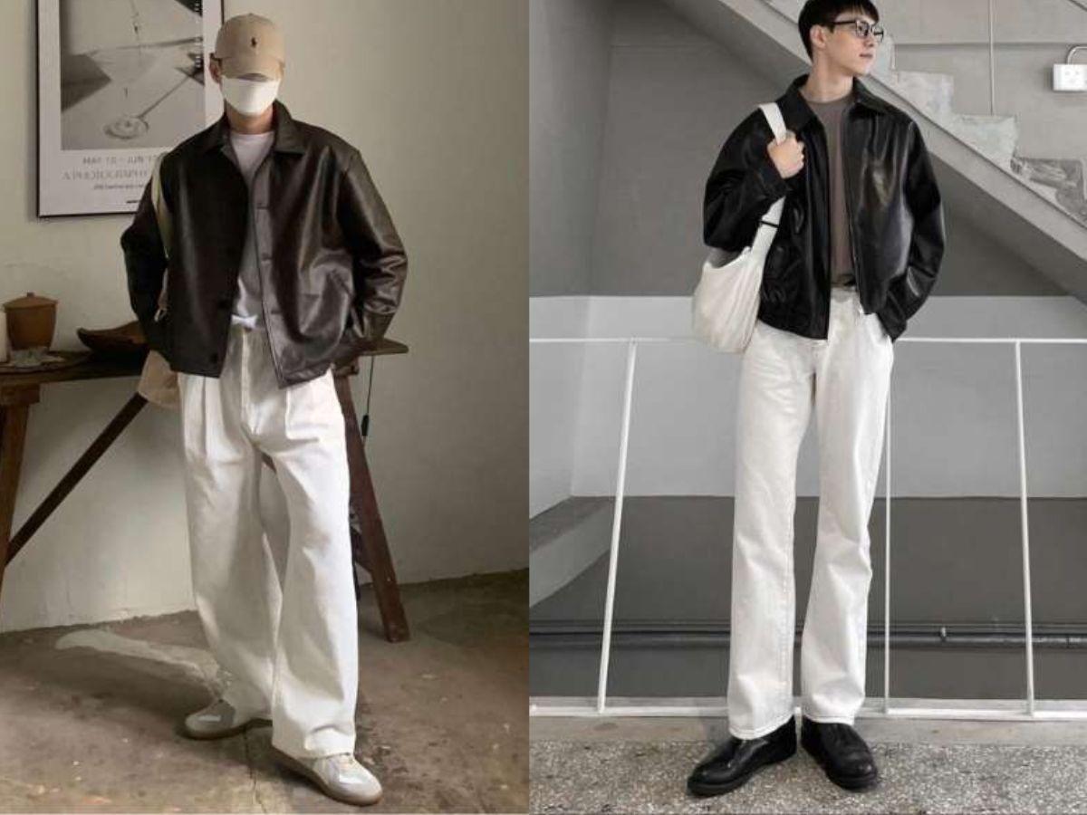 Quần kaki trắng với áo da, phong cách bad boy đầy thu hút