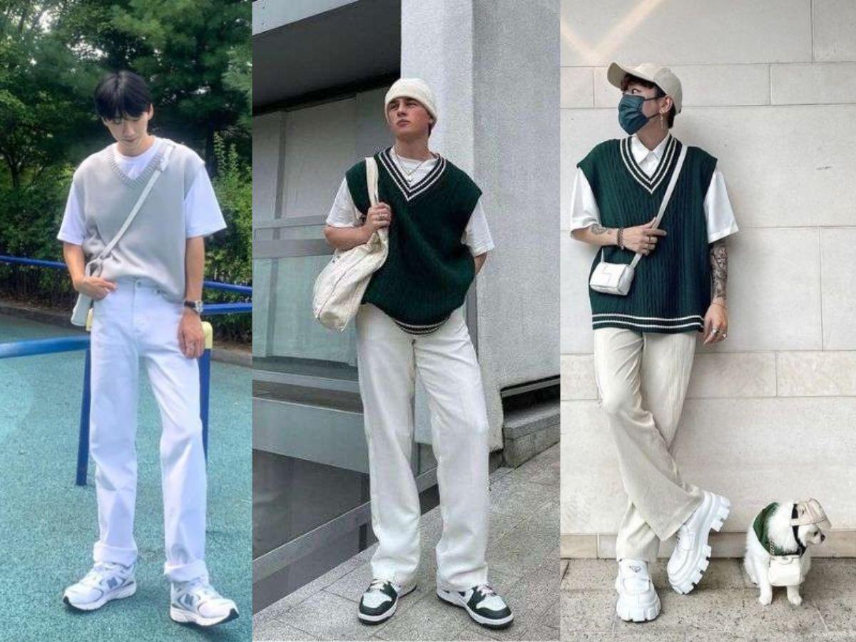Quần kaki trắng mix áo thun và áo gile mang đến vẻ đẹp trẻ trung, thư sinh