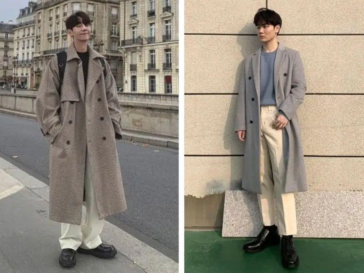 Quần kaki trắng cùng áo khoác măng tô tối màu, giữ ấm và lịch lãm trong mùa đông