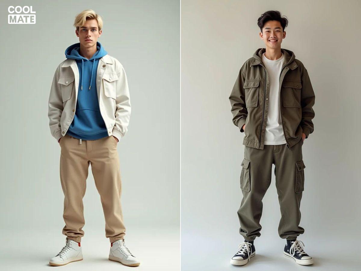 Áo hoodie và áo khoác bomber với quần jogger