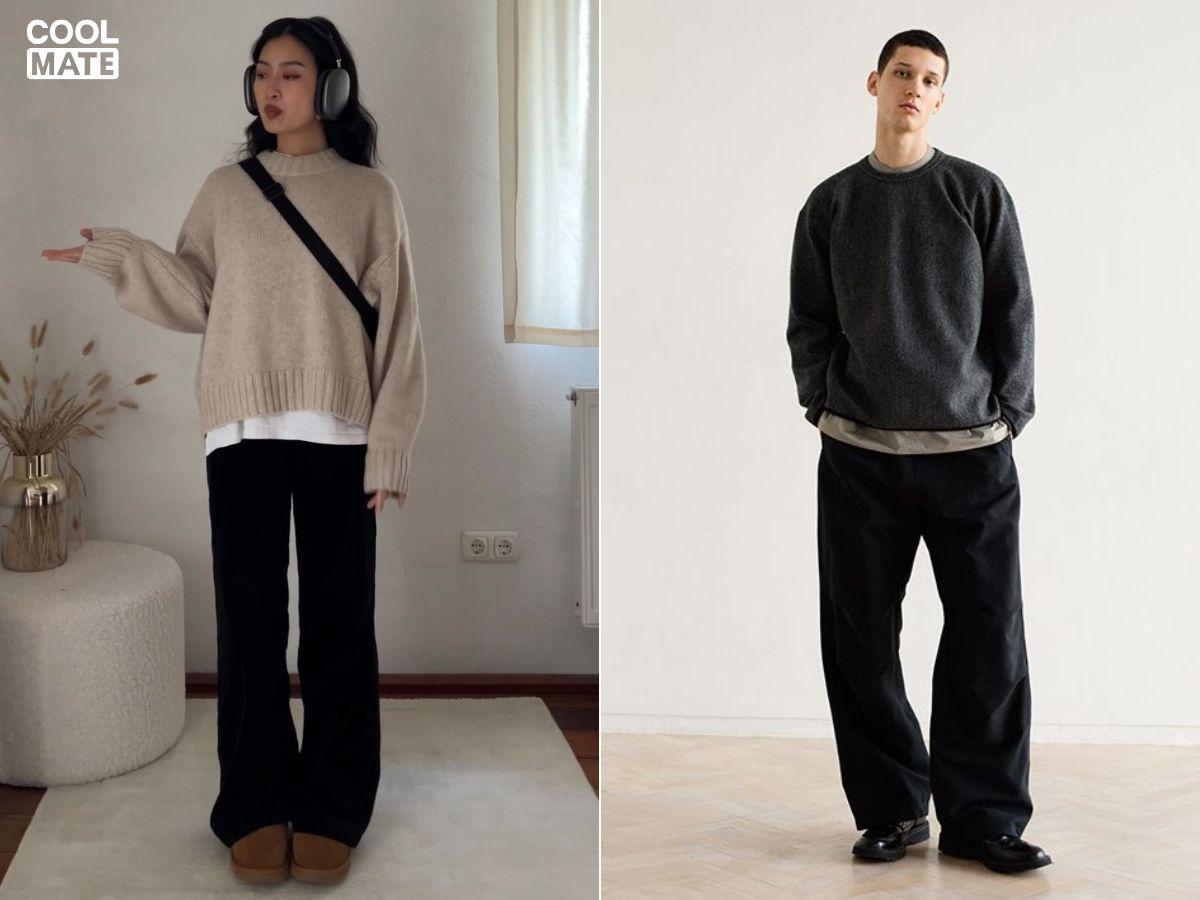 Áo sweater và quần jeans đen