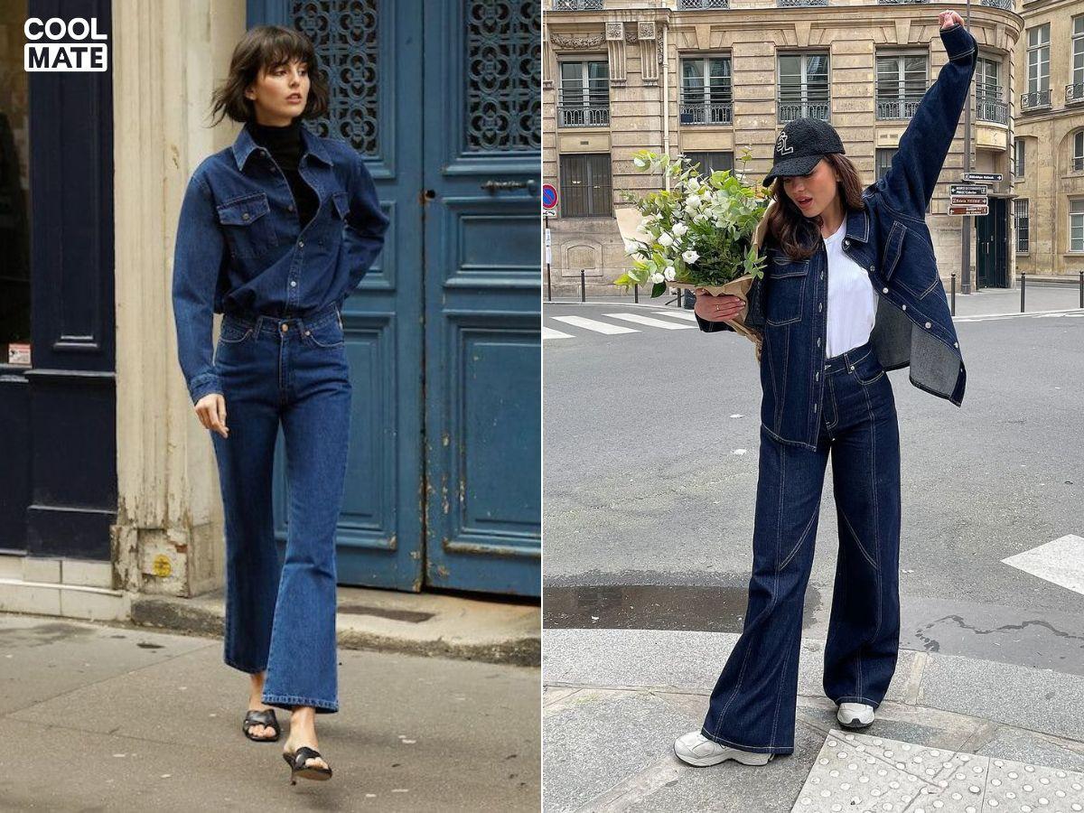 Áo thun, áo sơ mi và áo khoác denim với quần jeans