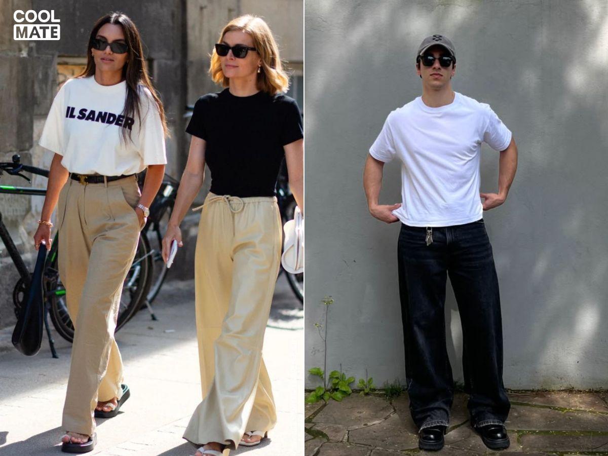 Áo thun trắng basic và quần tây ống rộng