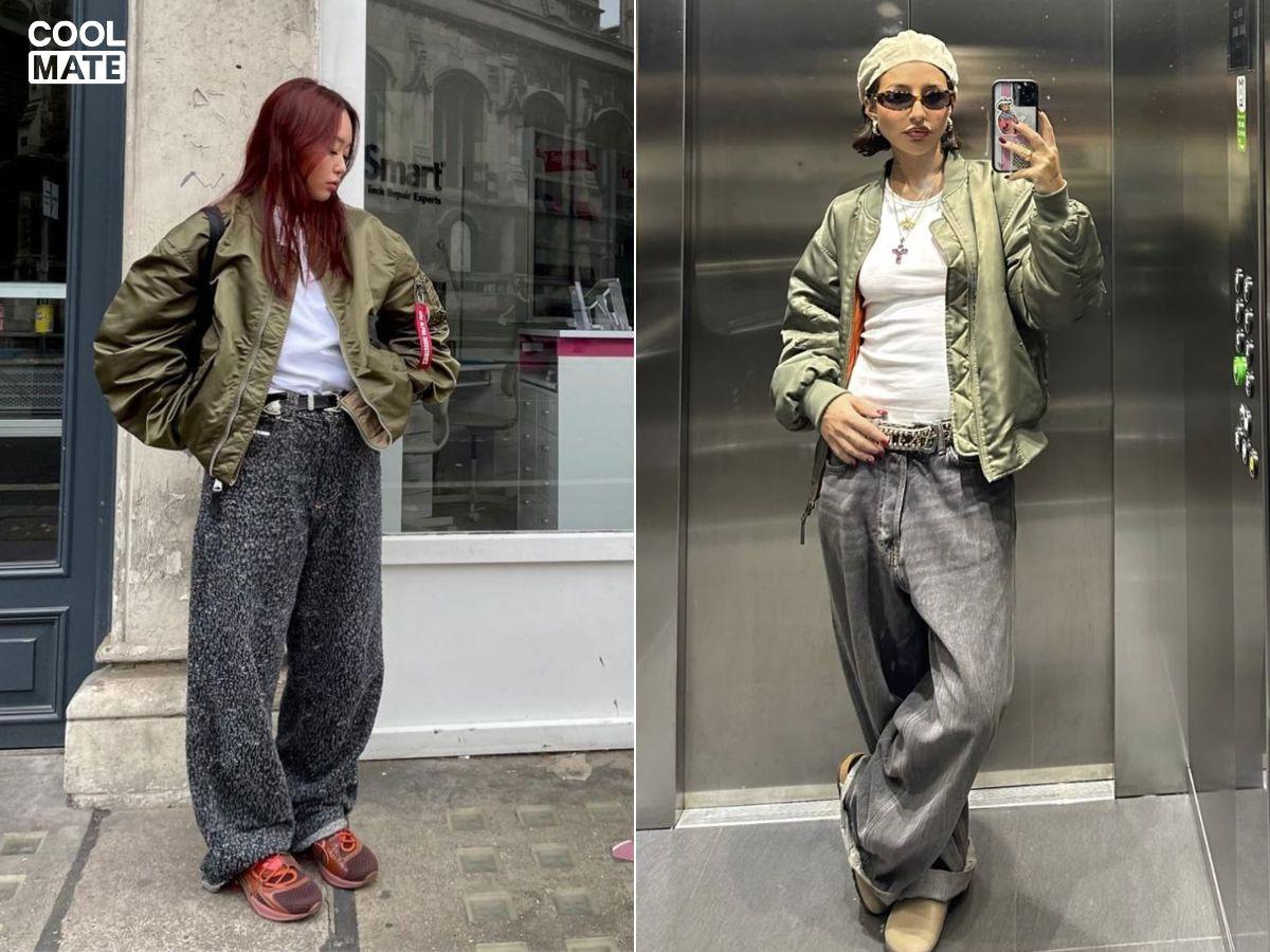 Áo bomber và quần baggy jeans