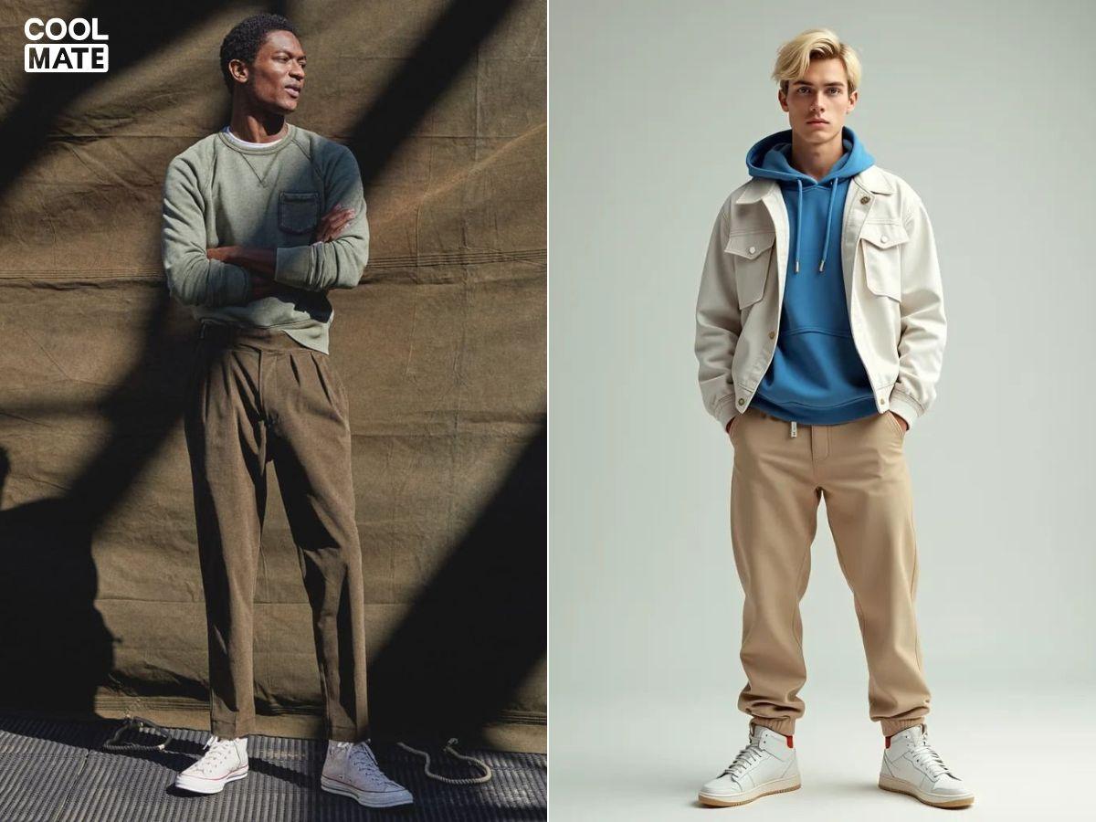 Phối áo Sweatshirt cùng quần Kaki và giày Converse cổ cao năng động, cá tính