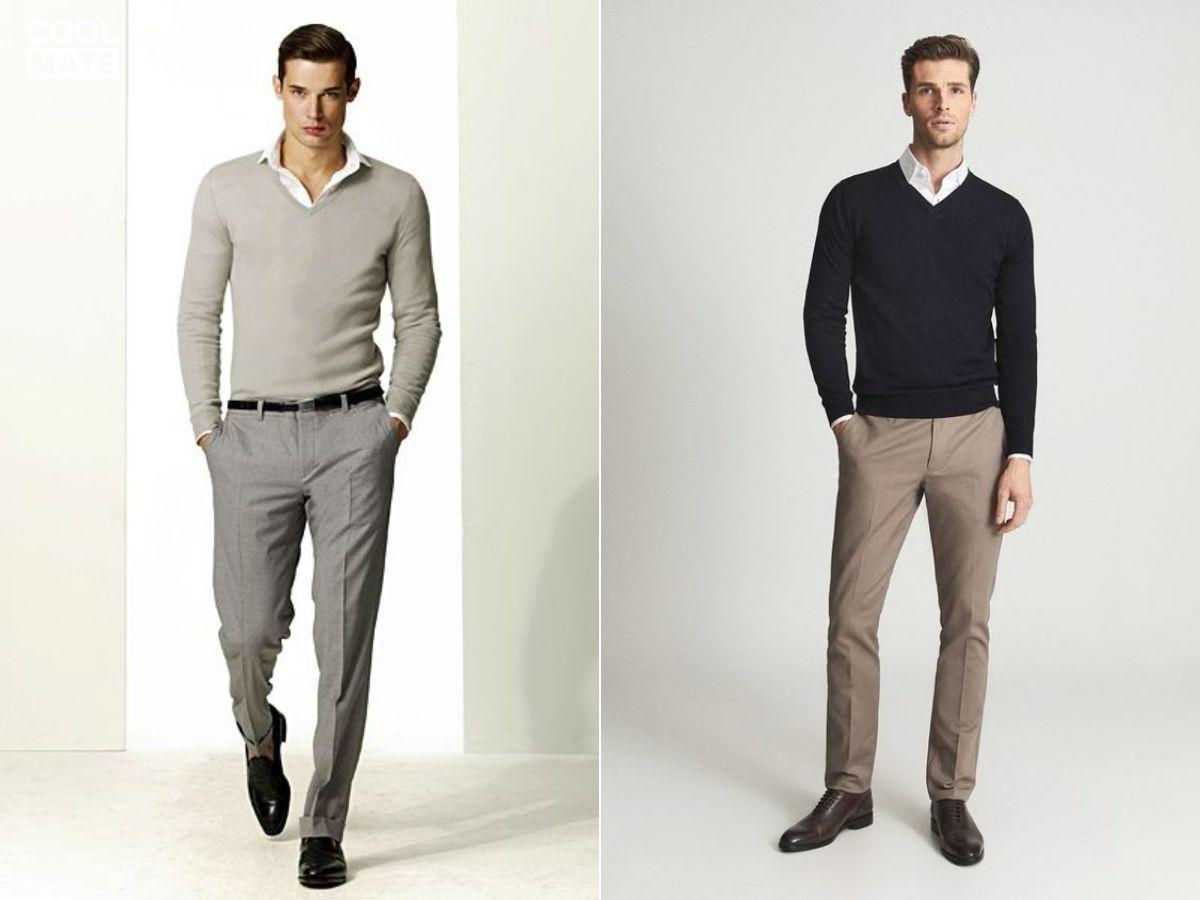 Phối áo Sweatshirt với áo sơ mi trắng, quần tây và giày Vans Old School 
