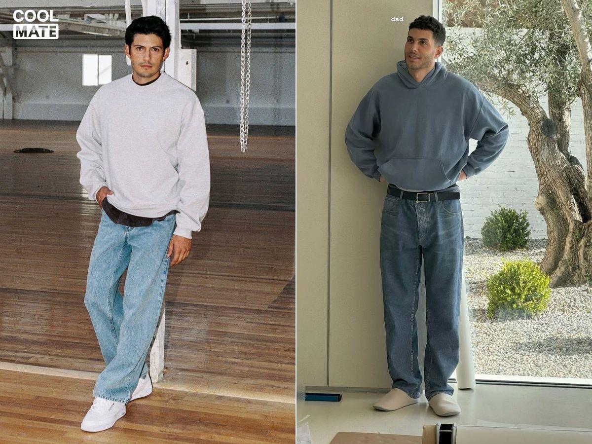 Phối áo Sweatshirt với quần Jean ống rộng và giày trắng