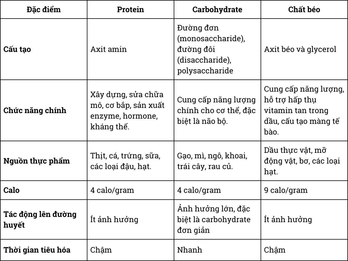 Bảng so sánh protein, carb và chất béo