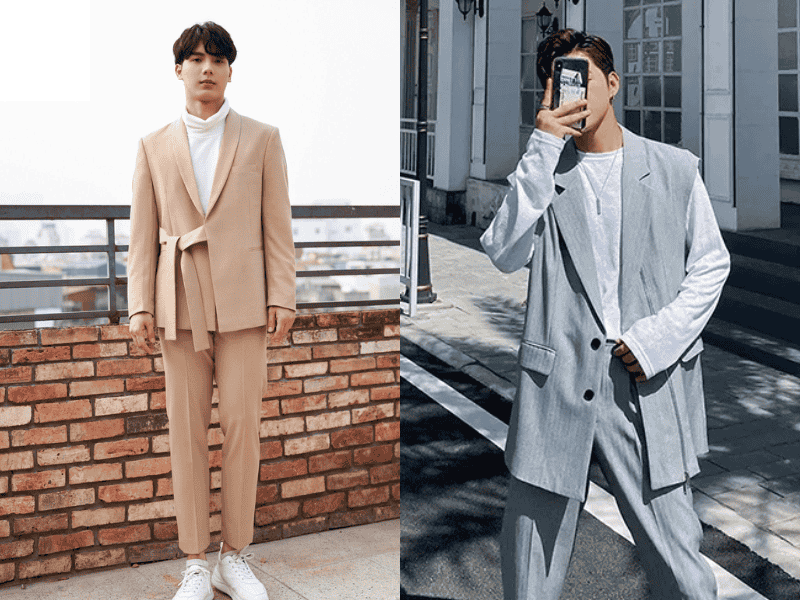 Phối áo khoác blazer oversize với quần ống suông và giày vải