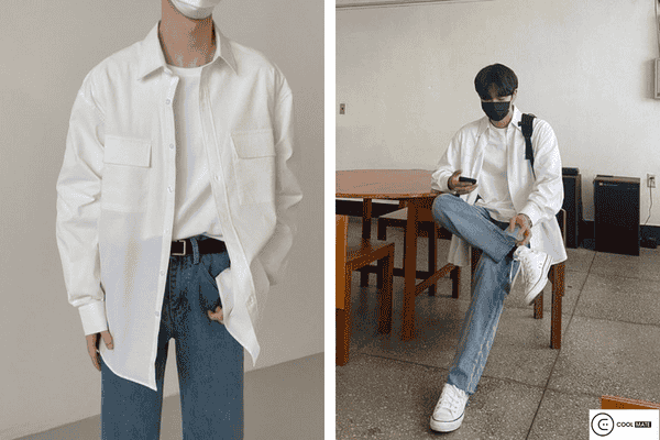Phối áo khoác sơ mi trắng với quần jeans suông - Phong cách thời trang nam