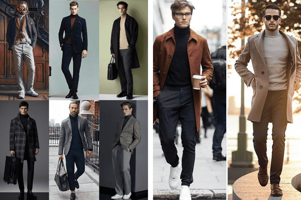 outfit áo măng to, áo len cổ lọ, quần tây