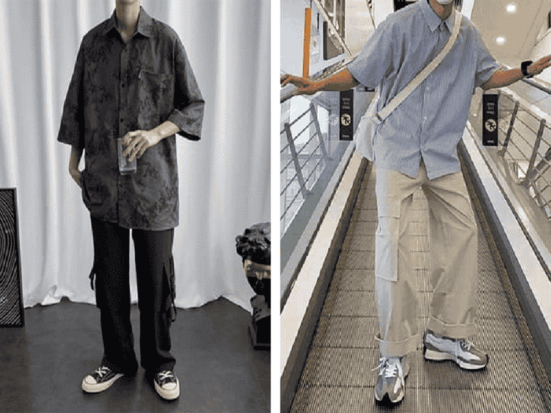Áo sơ mi tay lỡ Local Brand với quần ống rộng