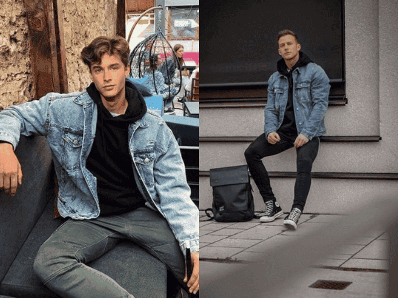 mix áo khoác jean với áo hoodie