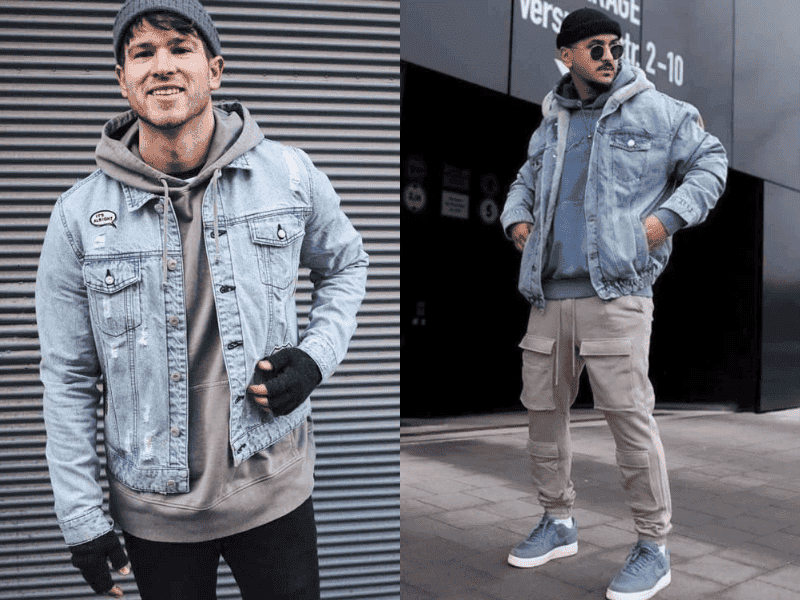 phối áo khoác jean và hoodie