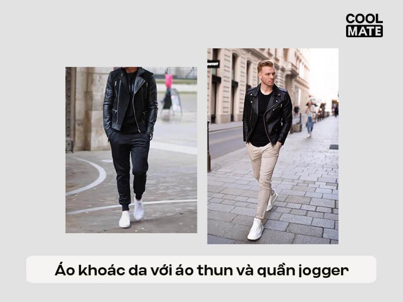 Phối áo khoác da với áo thun và quần jogger
