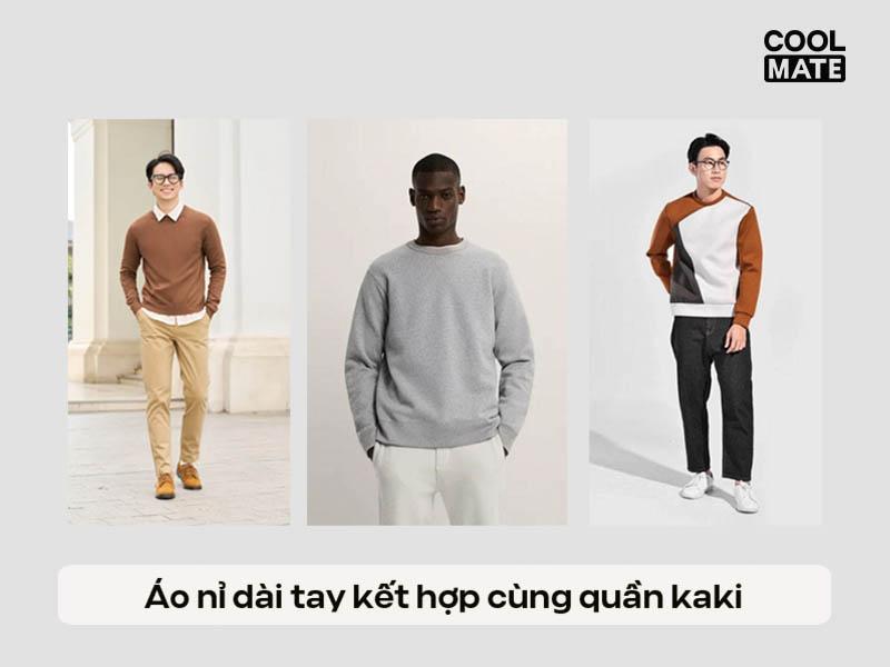 Áo nỉ dài tay kết hợp cùng quần kaki