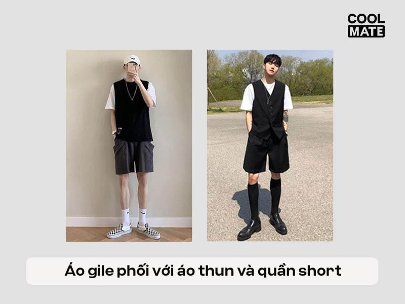 Áo gile phối với áo thun và quần short