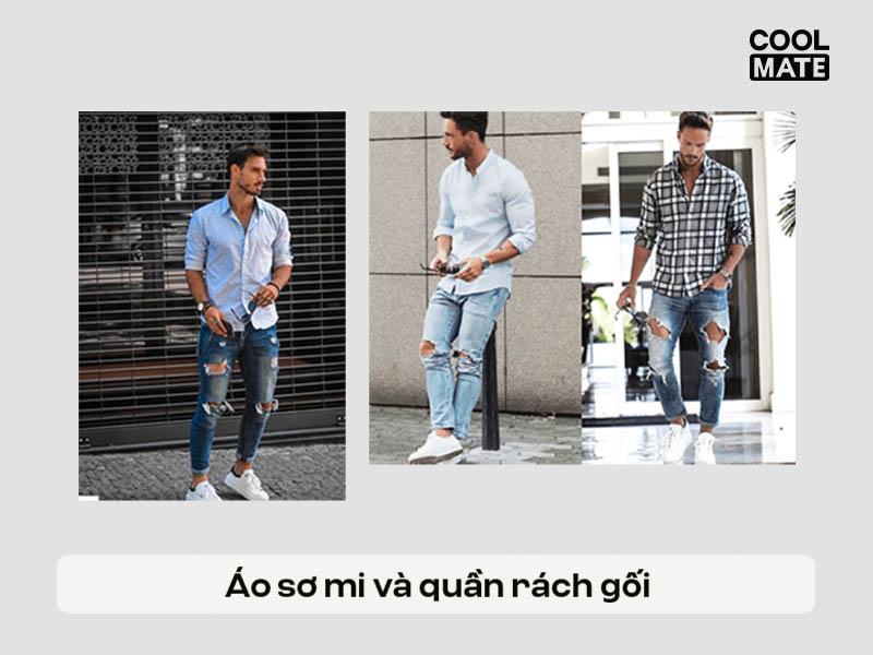 Áo sơ mi và quần rách gối