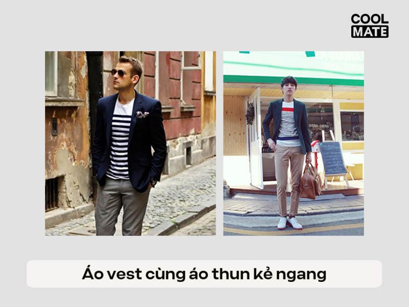 Phối áo vest cùng áo thun kẻ ngang