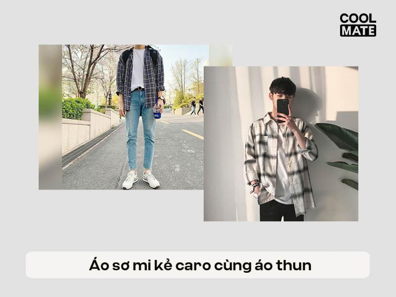 Áo sơ mi kẻ caro khoác ngoài cùng áo thun
