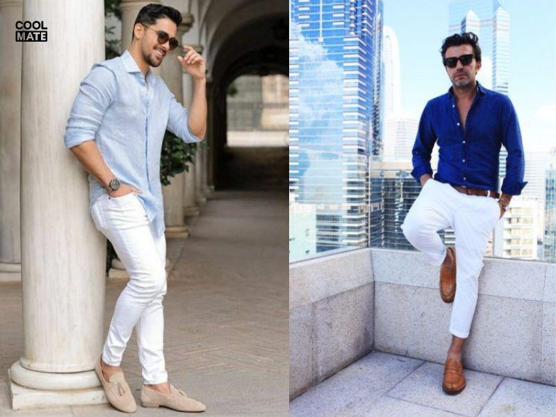 Phối quần jean trắng với áo sơ mi thanh lịch 