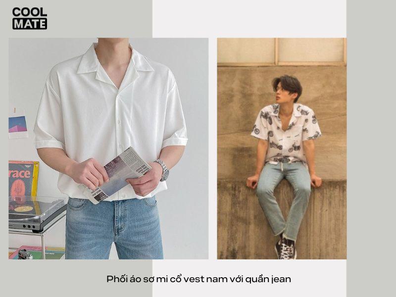 Phối áo sơ mi cổ vest nam với quần jean