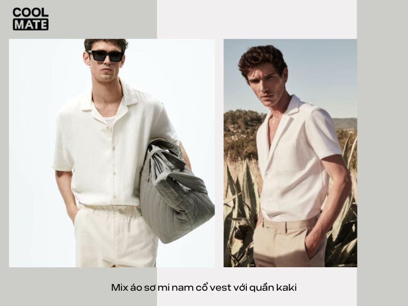 Mix áo sơ mi nam cổ vest với quần kaki