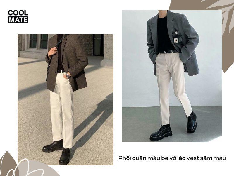Cách phối quần màu be với áo vest sẫm màu