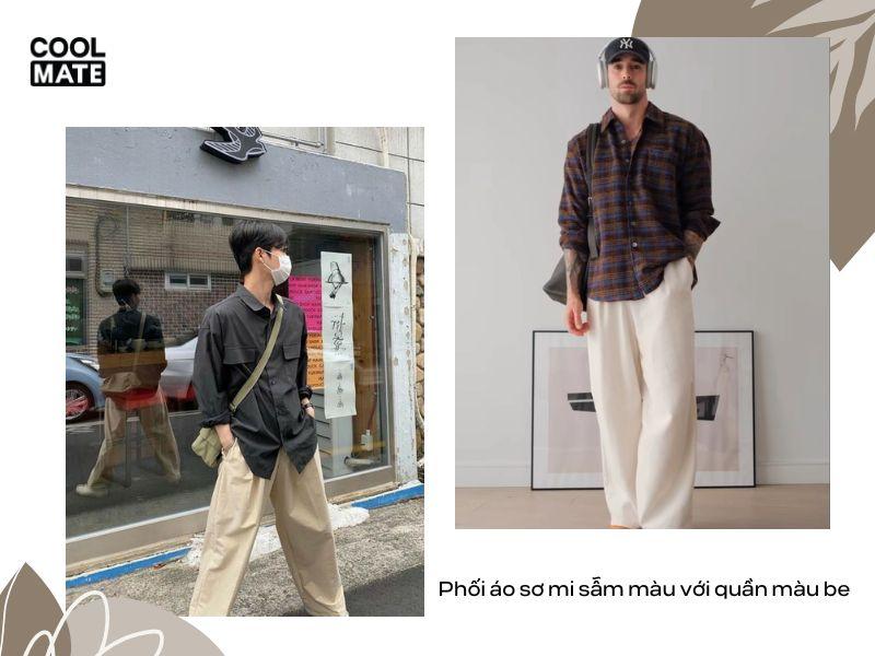 Cách phối quần màu be với áo sơ mi sẫm màu