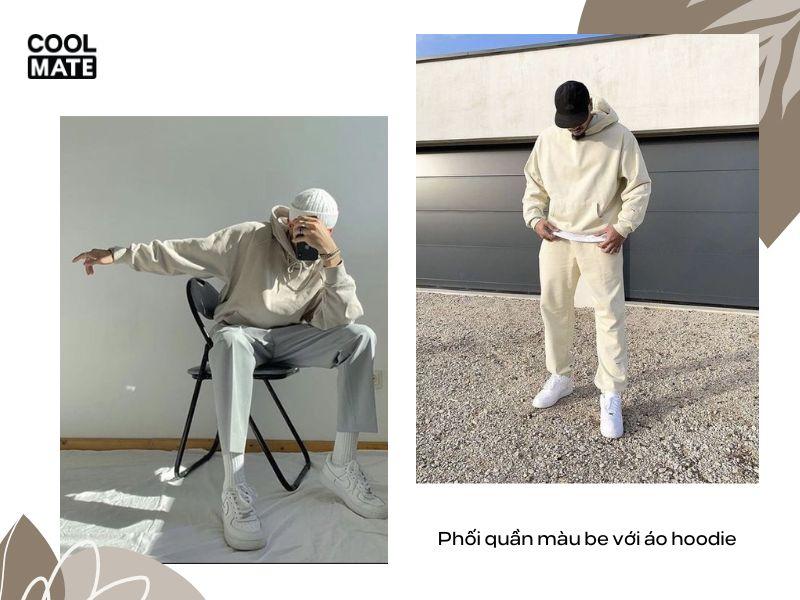 Cách phối quần màu be với áo hoodie