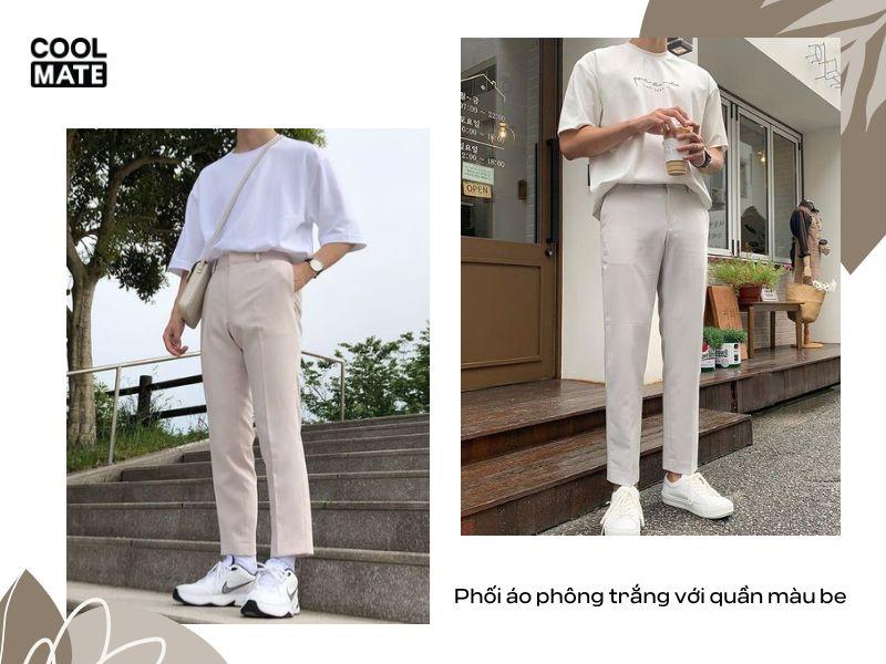 Cách phối quần màu be với áo phông trắng