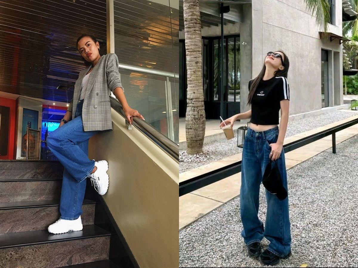 Phóng khoáng và thời thượng với quần jeans ống rộng và giày Fila.